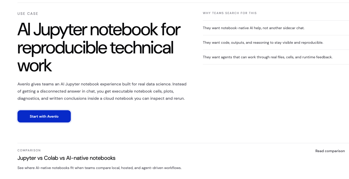Avenlo product screenshot showing an agent-oriented notebook workspace visual.